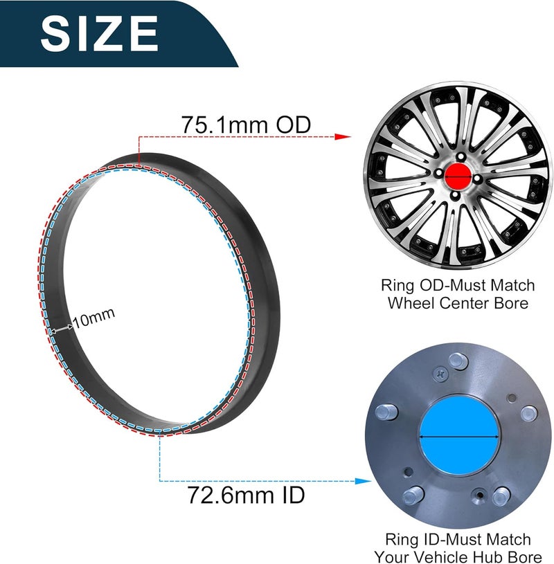 TUCKBOLD Car Wheel Hub Centric Rings Durable Wheels Center Shaft Shock Absorbing Hubrings Black 2 Pcs OD 75.1mm to ID 72.6mm Polycarbonate - Image 3